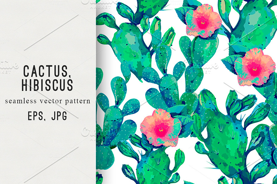 Cactus,hibiscus seamless pattern in Patterns - product preview 8