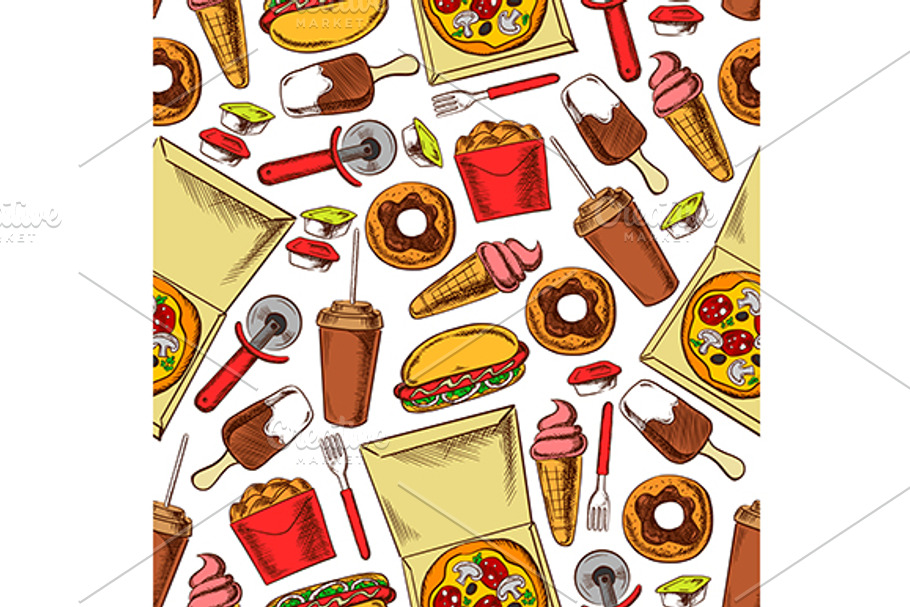 Fast food snacks, drinks pattern in Patterns - product preview 8