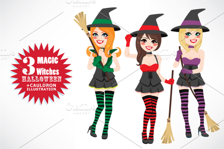 Halloween Witches With Cauldron in Illustrations - product preview 8