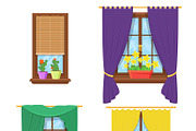 Windows with curtains and flowers