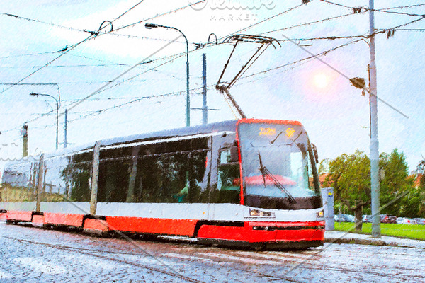 High-tech trams on bridge, Prague