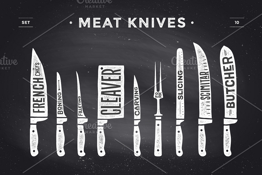 Meat cutting knives set in Illustrations - product preview 8