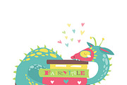 Cute dragon with stack of books