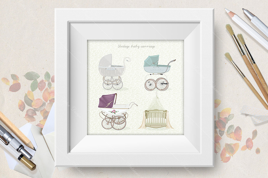 Set of vintage prams in Illustrations - product preview 8