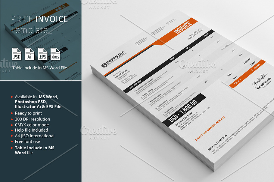 Price Invoice Template in Stationery Templates - product preview 8