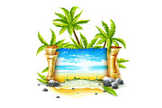 Travel banner with paper script and tropical island