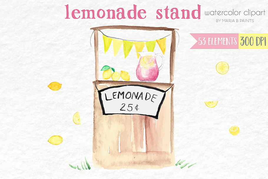Watercolor Clip Art - Lemonade Stand in Illustrations - product preview 8