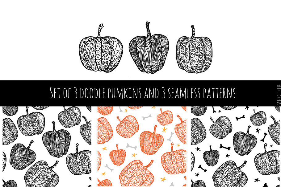 Set of 3 pumpkins and 3 patterns