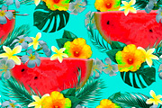 Watermelons,tropical flowers pattern
