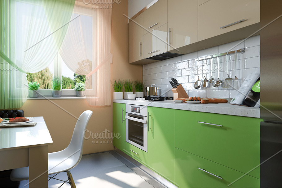 Kitchen with beige and green facades in Illustrations - product preview 8