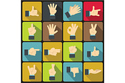 Hand gesture icons set, flat ctyle