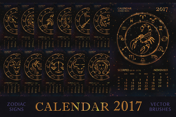 SET / 2017 CALENDAR / golden ZODIACS in Illustrations - product preview 4