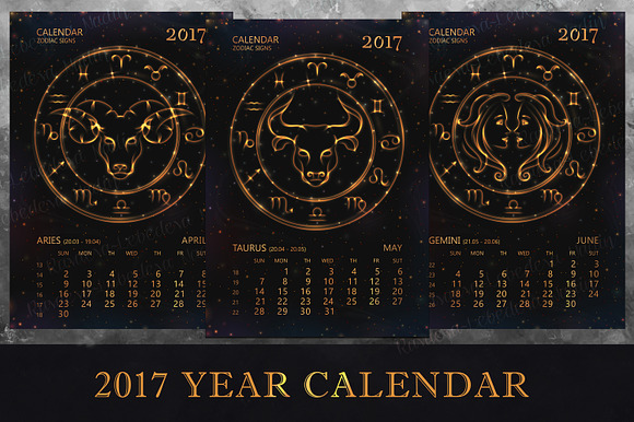 SET / 2017 CALENDAR / golden ZODIACS in Illustrations - product preview 5