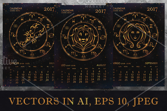 SET / 2017 CALENDAR / golden ZODIACS in Illustrations - product preview 6