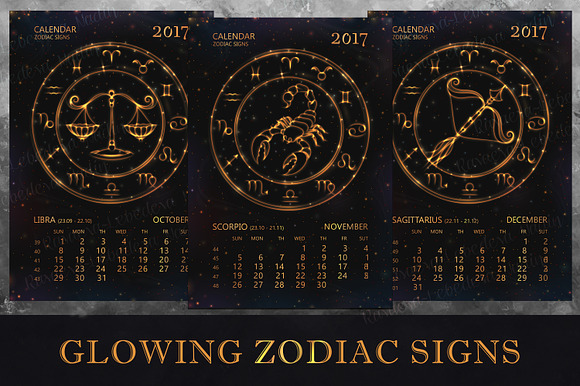 SET / 2017 CALENDAR / golden ZODIACS in Illustrations - product preview 7