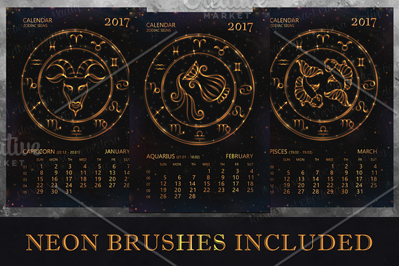 SET / 2017 CALENDAR / golden ZODIACS in Illustrations - product preview 8