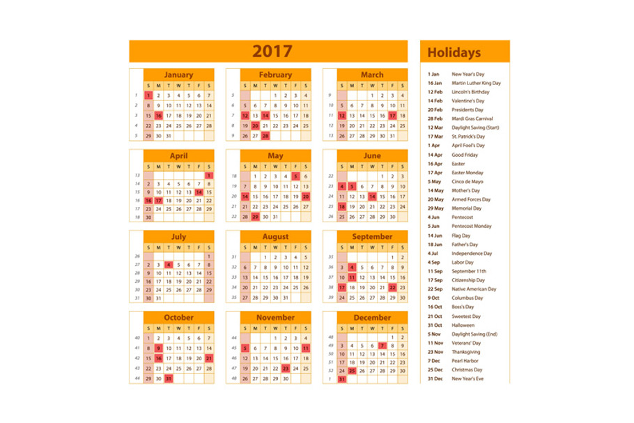 holidays calendar 2017 orange usa in Graphics - product preview 8