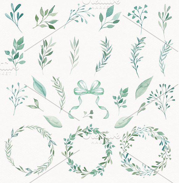 Watercolor green leaves in Illustrations - product preview 1