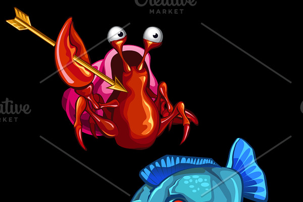 Blue piranha and funny crab