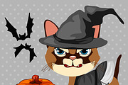 Angry cat with pumpkin and bats 