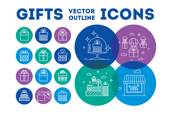 New Years Gifts vector icons set