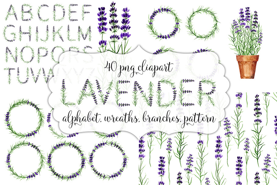 Lavender wreaths, alphabet, pattern