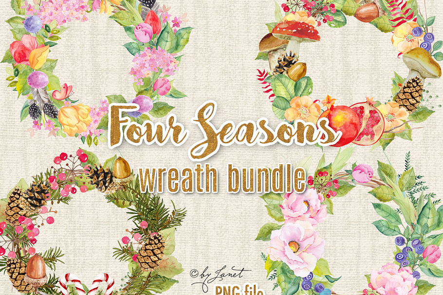 Four Seasons - bundle wreath in Illustrations - product preview 8