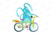 Cartoon blue bunny with bicycle
