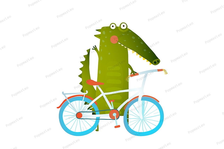 Green crocodile with bicycle in Illustrations - product preview 8