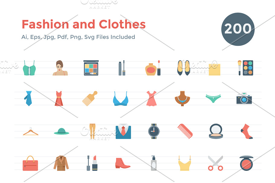 200 Flat Fashion and Clothes Icons