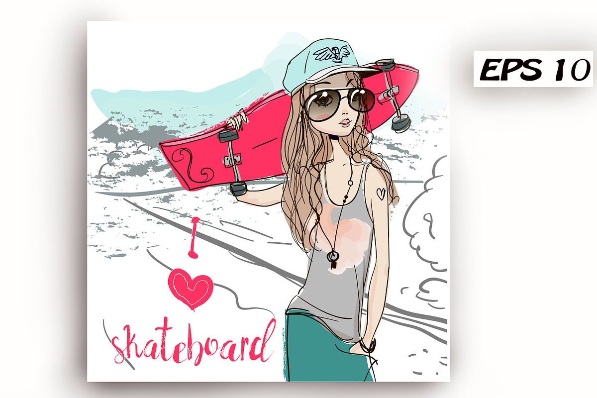 girl with skateboard in Illustrations - product preview 8