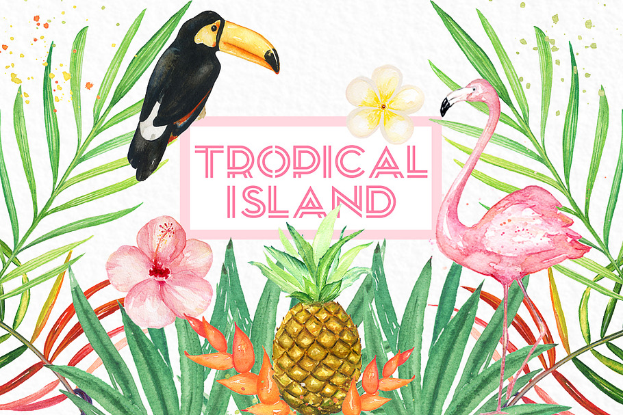 Tropical island. watercolor clipart. in Illustrations - product preview 8