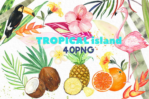 Tropical island. watercolor clipart. in Illustrations - product preview 5