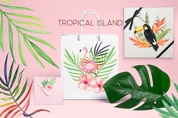 Tropical island. watercolor clipart. in Illustrations - product preview 6