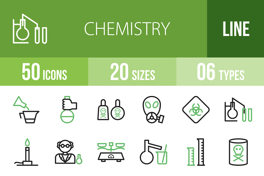 50 Chemistry Line Green&Black Icons