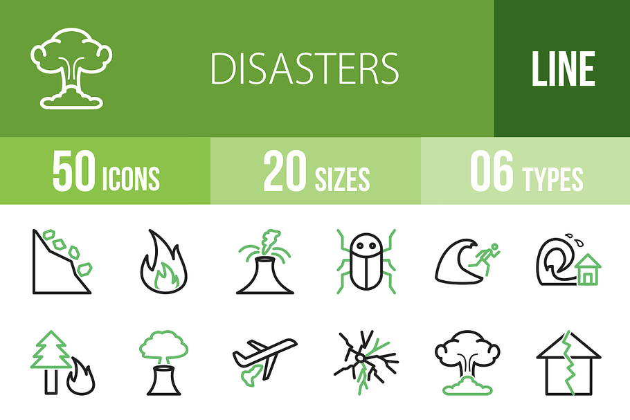 50 Disasters Line Green&Black Icon