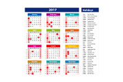 2017 Calendar holidays USA 