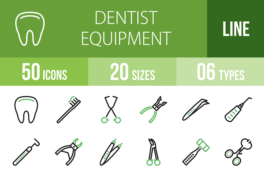 50 Dentist Line Green & Black Icons