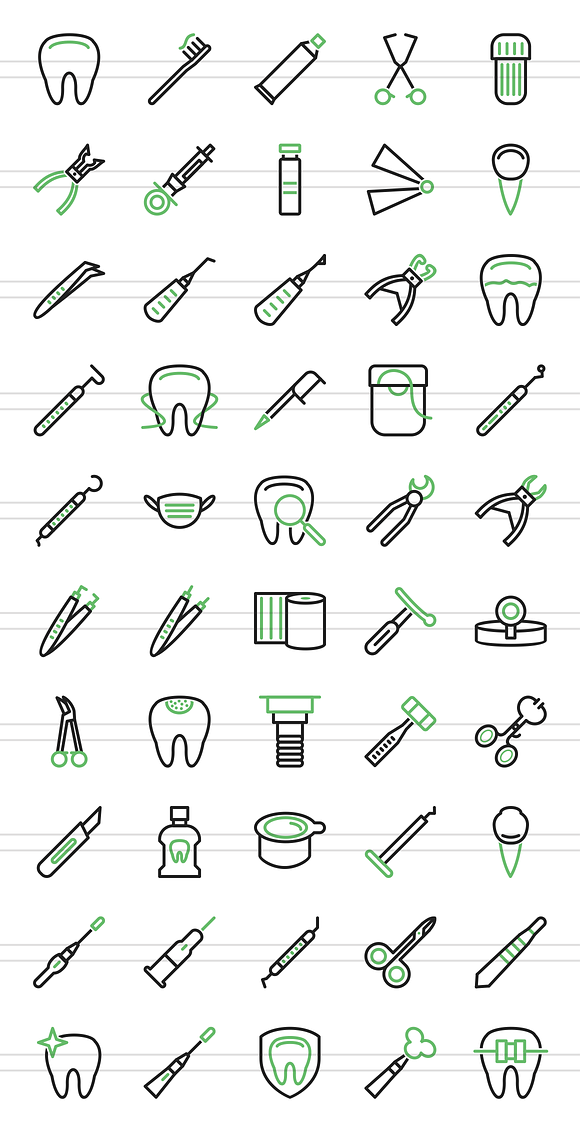 50 Dentist Line Green & Black Icons in Graphics - product preview 1