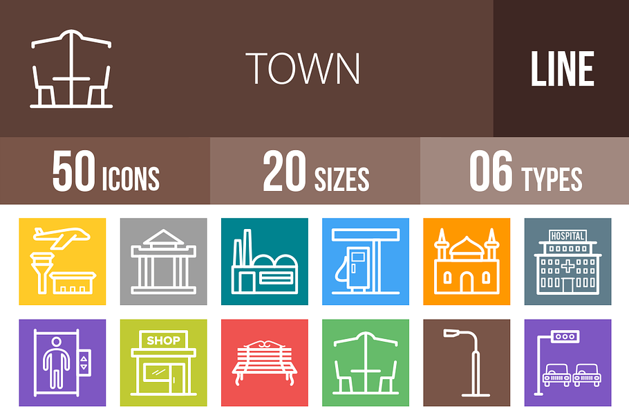 50 Town Line Multicolor Icons