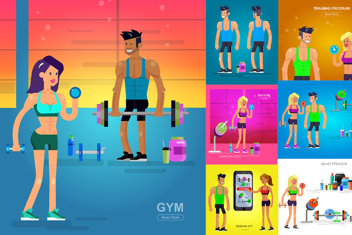 Bodybuilders & gym set in Illustrations - product preview 8