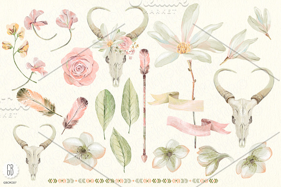 Watercolor floral bull skull VOL.1  in Illustrations - product preview 1