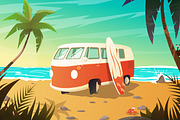 Old bus standing on the beach.Vector