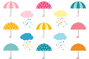 Colorful umbrellas with rain clouds