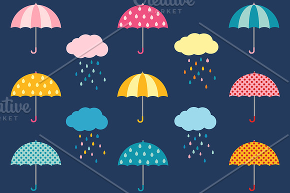 Colorful umbrellas with rain clouds in Illustrations - product preview 1