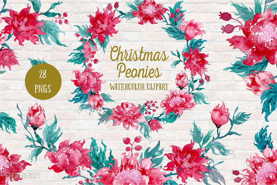 Watercolor Clipart Christmas Peonies in Illustrations - product preview 8
