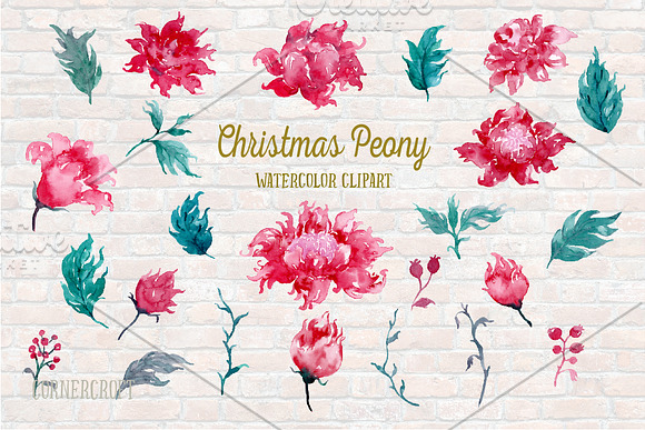 Watercolor Clipart Christmas Peonies in Illustrations - product preview 1