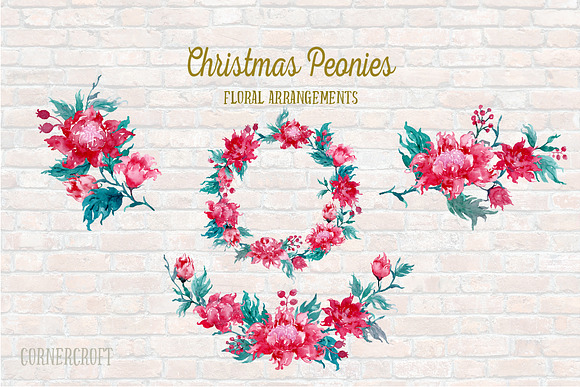 Watercolor Clipart Christmas Peonies in Illustrations - product preview 2