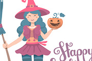 Halloween cute witch with pumpkin