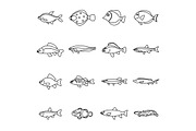 Cute fish icons set, outline style